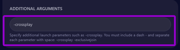 Cybrancee panel additional arguments, -crossplay inputted