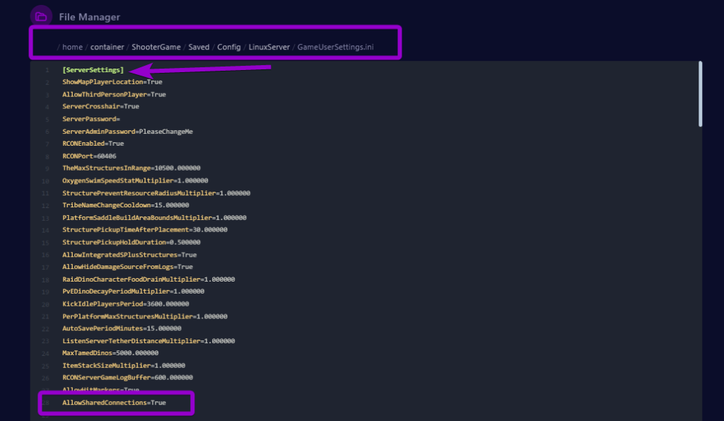 Cybrancee panel Ark: Survival Evolved gameUserSettings.ini file, allowSharedConnections outlined