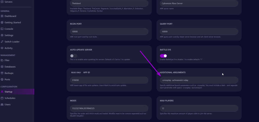 Cybrancee panel Ark: Survival Evolved startup page, with multiple additional arguments outlined