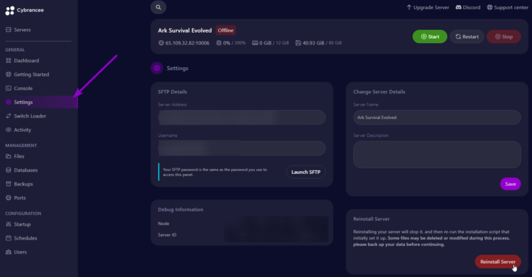 Cybrancee panel Ark: Survival Evolved settings tab outlined
