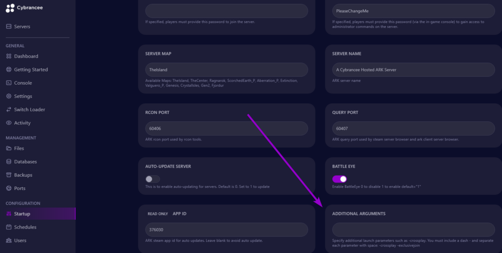 Cybrancee panel Ark: Survival Evolved startup page, with additional arguments outlined
