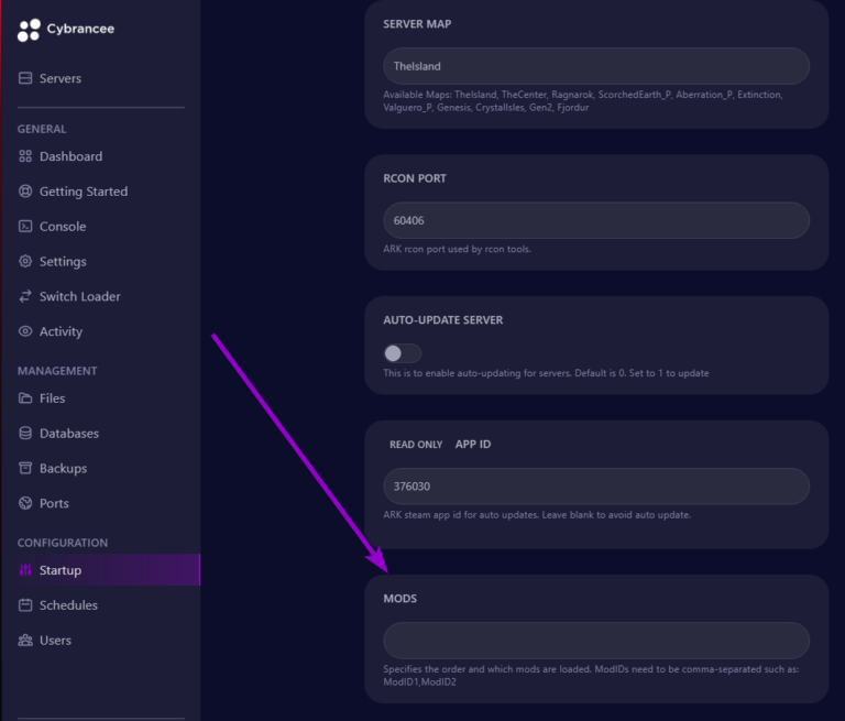 Cybrancee panel Ark: Survival Evolved startup page, with mods outlined