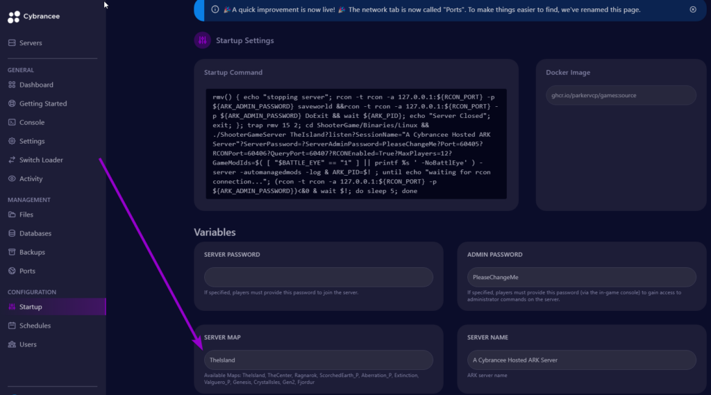 Cybrancee panel Ark: Survival Evolved startup page, with server map outlined