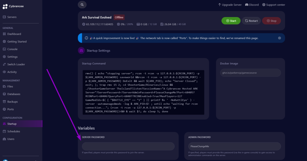 Cybrancee panel Ark: Survival Evolved startup page, with server Password field outlined