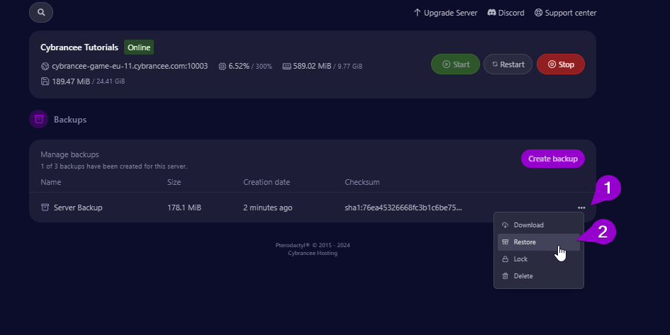 Cybrancee panel backup dropdown