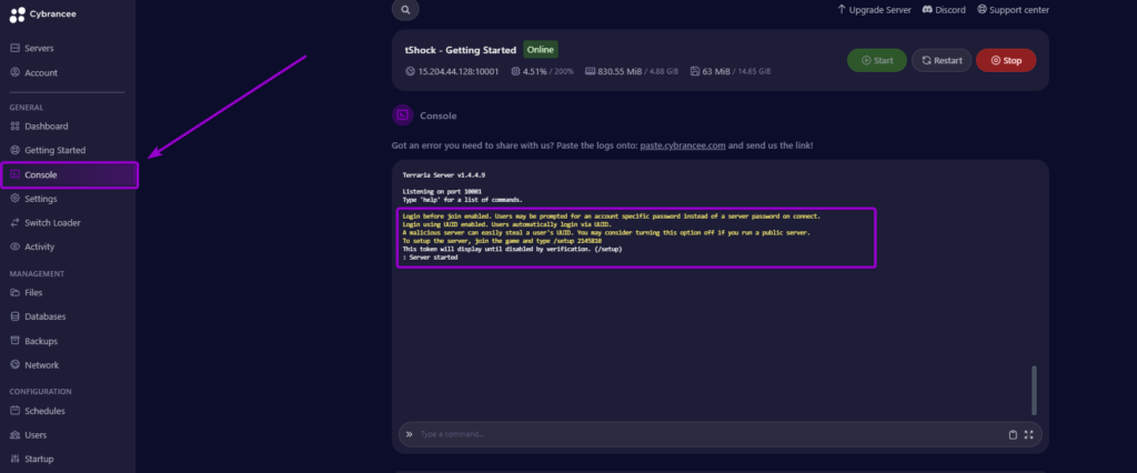 Cybrancee panel console screen with Terraria setup code outlined