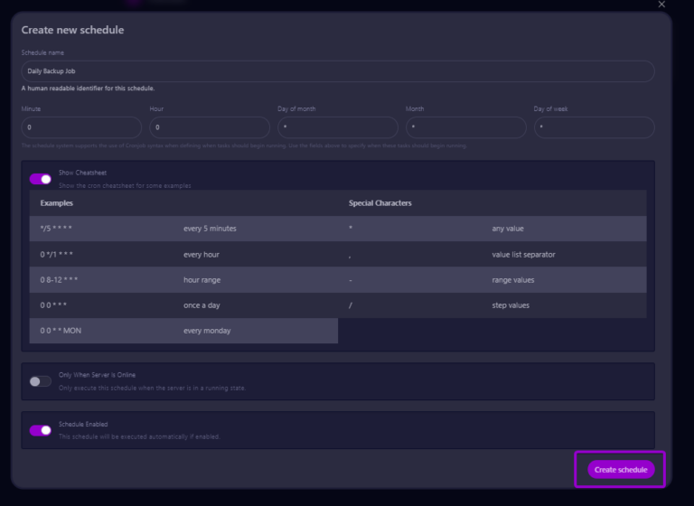 Cybrancee panel create schedule modal