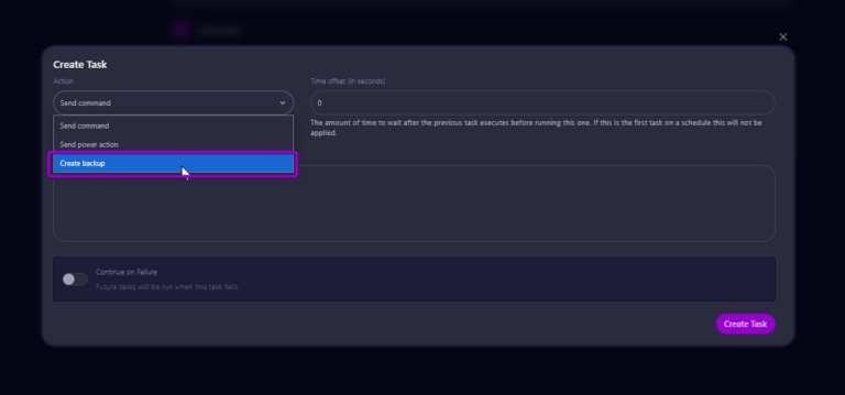 Cybrancee panel create task modal, with action dropdown, and create backup option highlighted