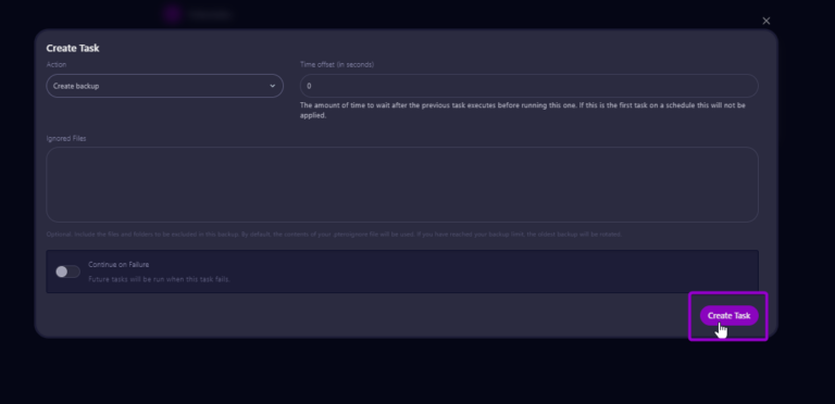Cybrancee panel create task modal, with create backup option selected