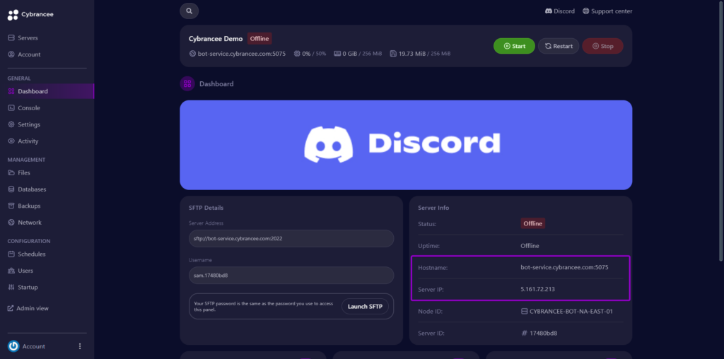 Cybrancee panel dashboard Discord server with server information outlined