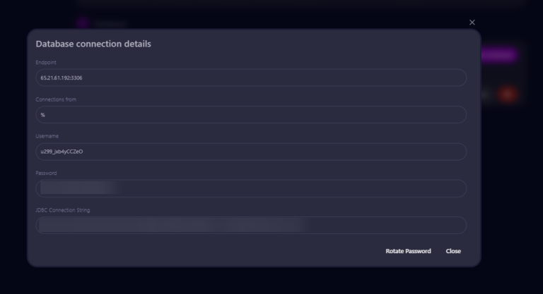 Cybrancee panel database connection details modal