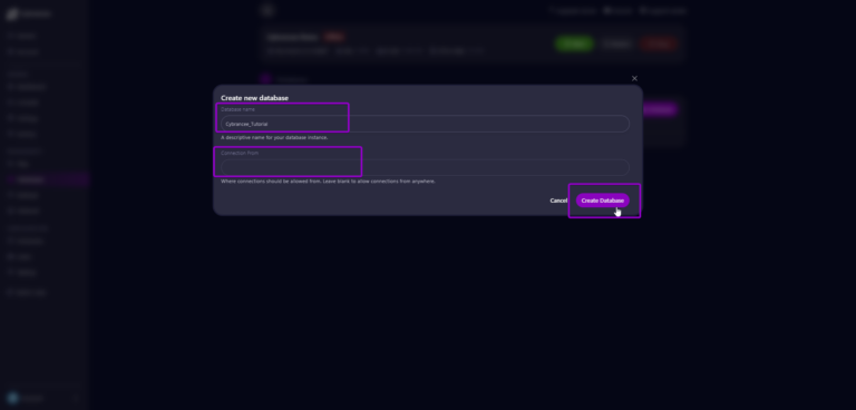 Cybrancee panel new databases modal, with details outlined