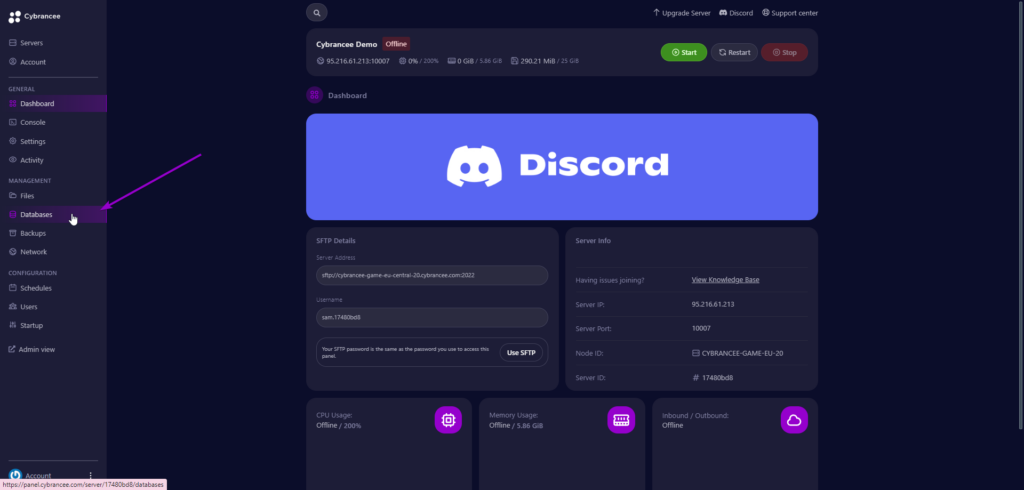 Cybrancee panel Discord dashboard, with databases tab outlined