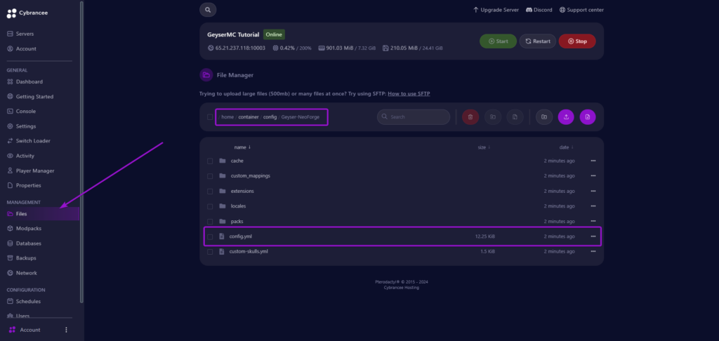 Cybrancee panel file manager page, with Geyser config file outlined