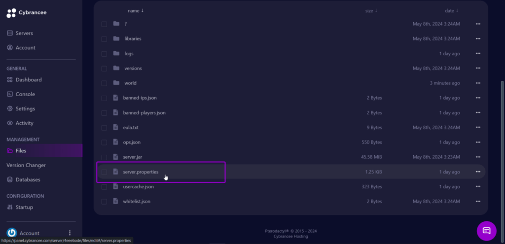 Cybrancee panel files screen, with server.properties file outlined