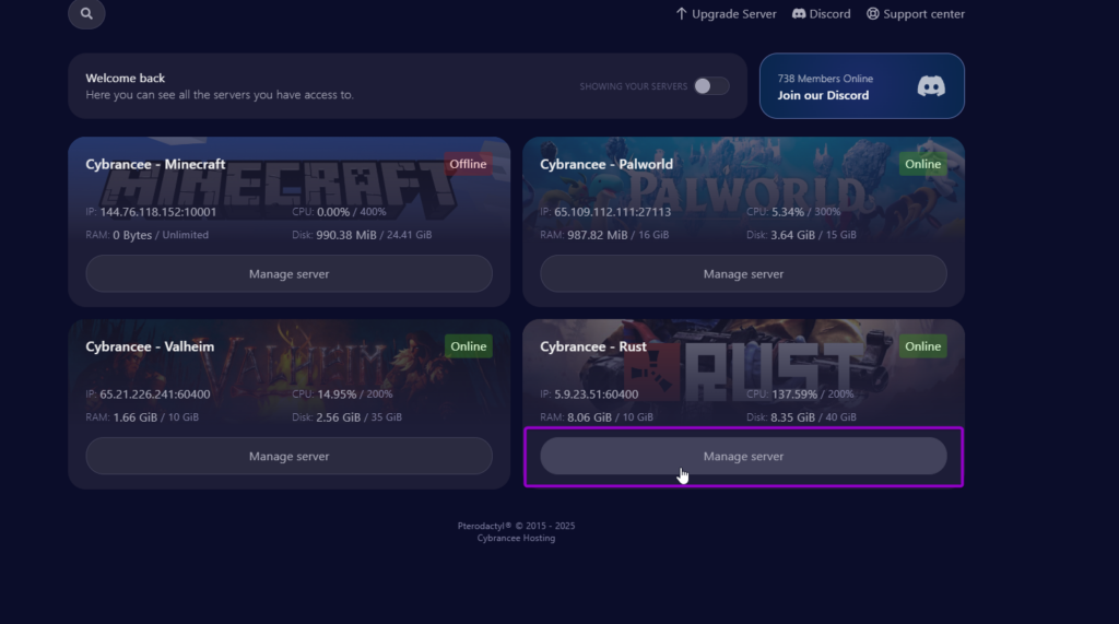 Cybrancee panel manage server Rust