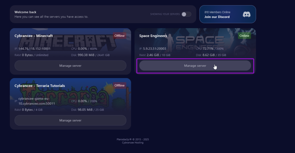 Cybrancee panel manage server Space Engineers