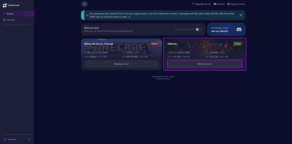 Cybrancee panel manage server Valheim