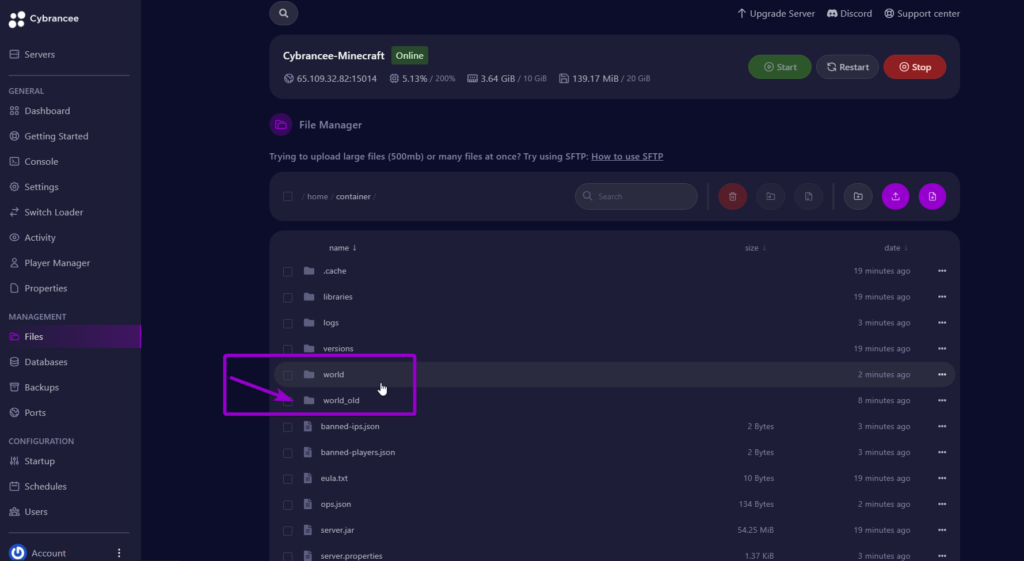 Cybrancee panel Minecraft files page, with world folder outlined