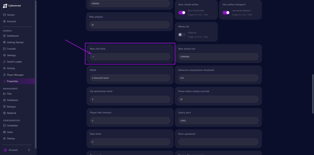 Cybrancee panel Minecraft properties page, with max tick time outlined