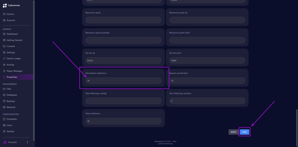 Cybrancee panel Minecraft properties page, with simulation distance outlined