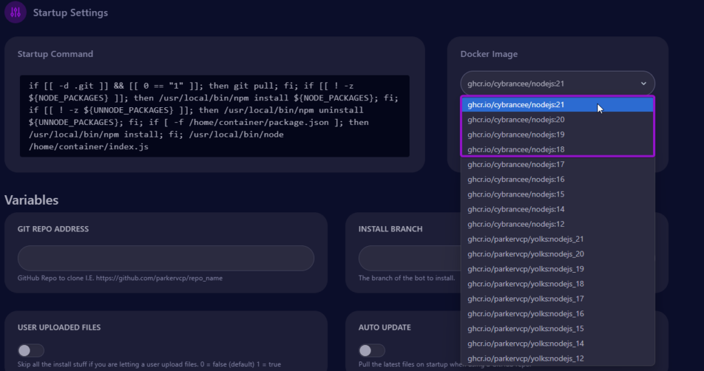 Cybrancee panel NodeJS versions