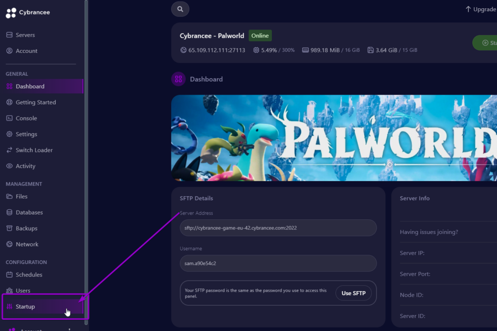 Cybrancee panel Palworld dashboard, with startup tab outlined