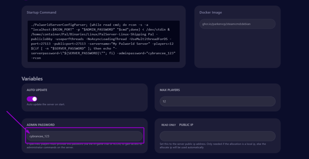 Cybrancee panel Palworld startup page, with admin password outlined