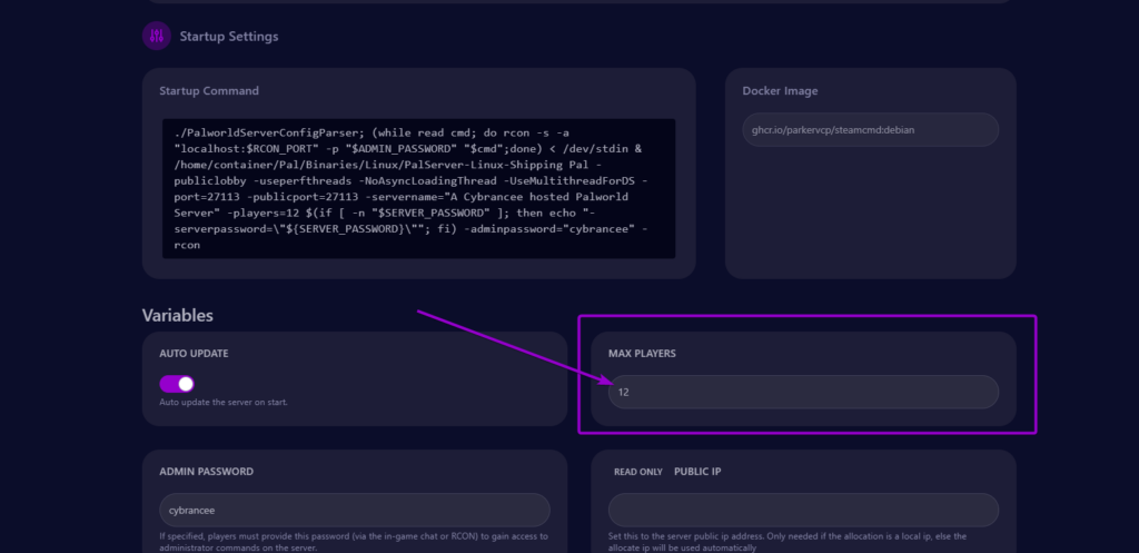 Cybrancee panel Palworld startup page, with max players outlined