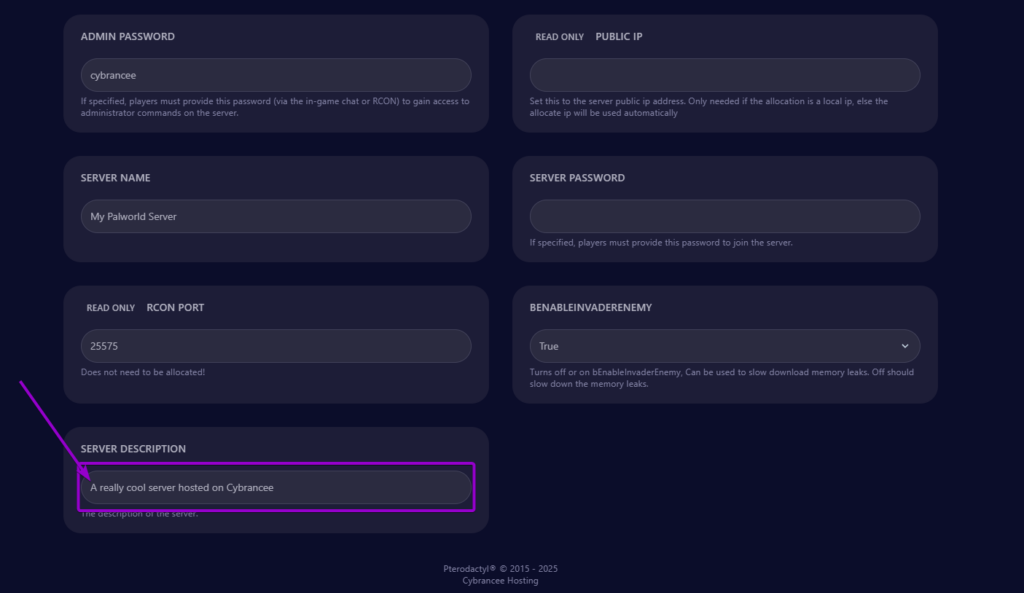 Cybrancee panel Palworld startup page, with server description outlined