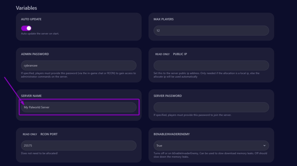 Cybrancee panel Palworld startup page, with server name outlined