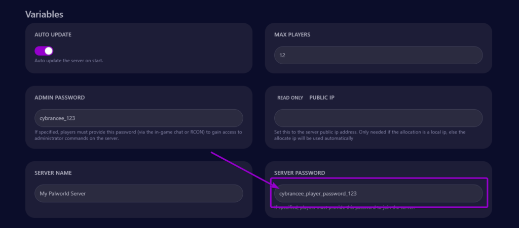 Cybrancee panel Palworld startup page, with server password outlined