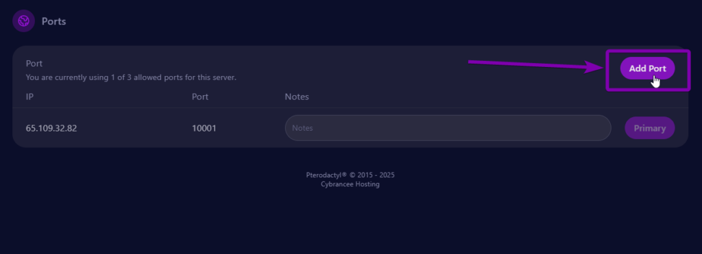 Cybrancee panel ports page, add port button outlined