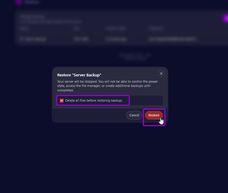 Cybrancee panel restore modal