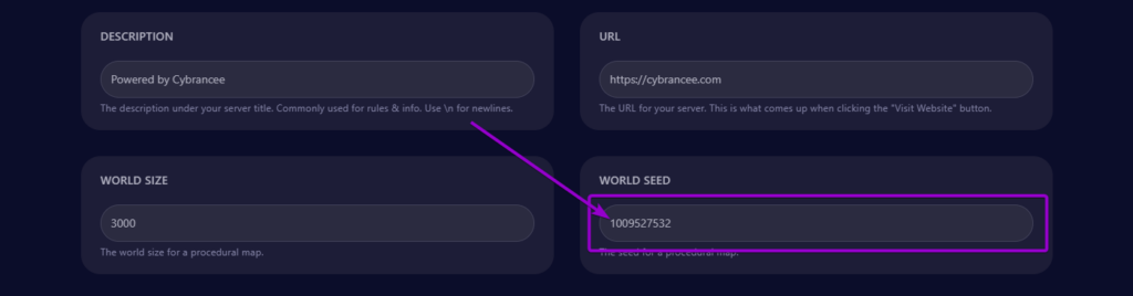 Cybrancee panel Rust startup page, with world seed outlined