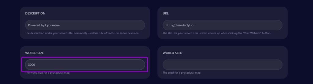 Cybrancee panel Rust startup page, with world size outlined