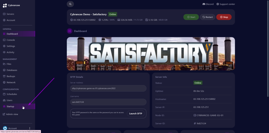 Cybrancee panel satisfactory dashboard, with startup highlighted