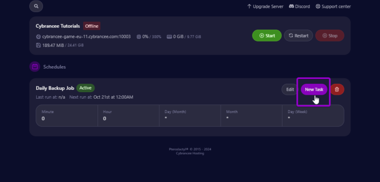 Cybrancee panel schedules, with new task button outlined