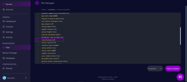 Cybrancee panel server properties file open