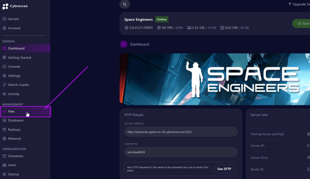 Cybrancee panel Space Engineers dashboard, with files tab outlined
