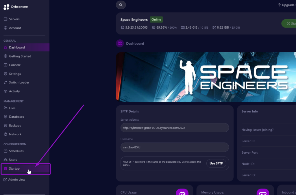 Cybrancee panel Space Engineers dashboard, with startup tab outlined
