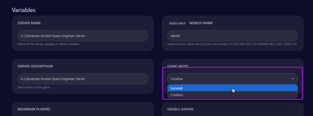 Cybrancee panel Space Engineers startup page, with game mode dropdown outlined