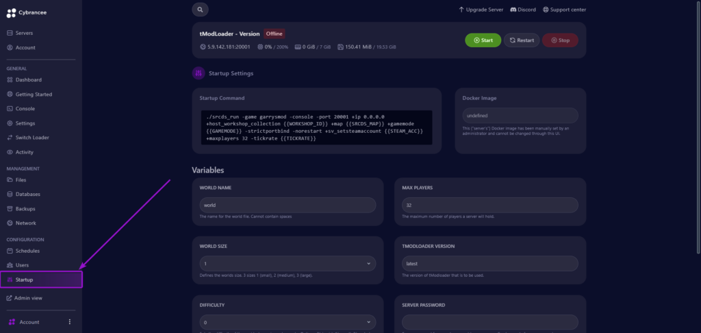 Cybrancee panel startup page for terraria, with startup tab outlined