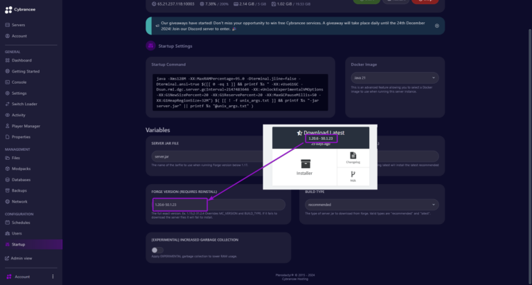 Cybrancee panel startup screen Forge, with version outlined