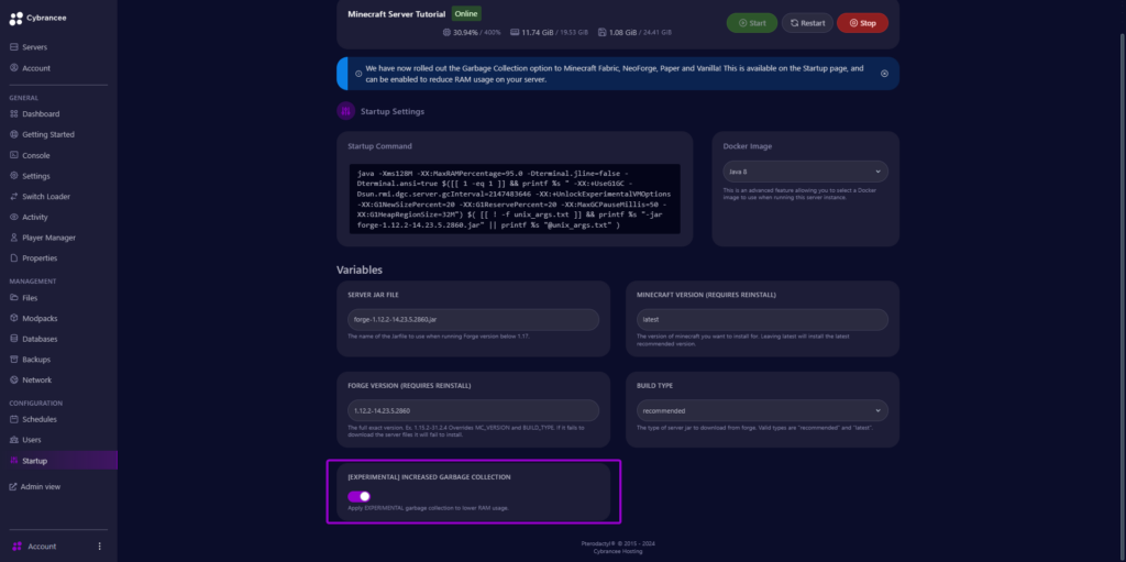 Cybrancee panel startup screen, with garbage collection outlined