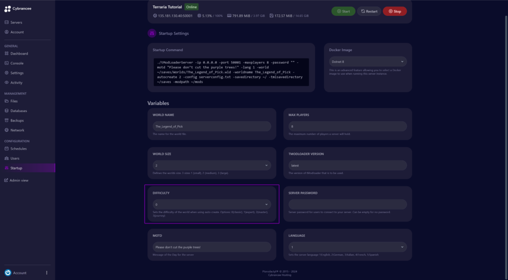 Cybrancee panel startup screen Terraria, with difficulty field outlined