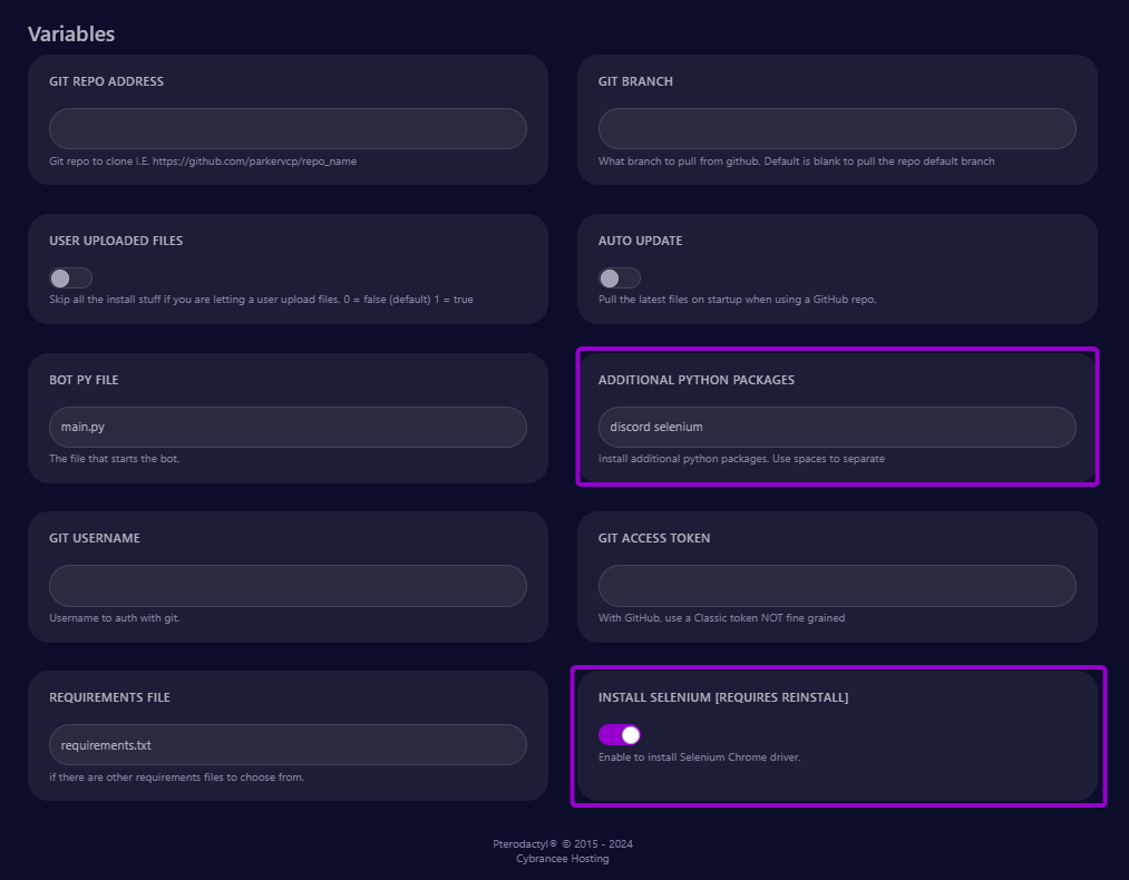 Cybrancee panel startup screen, with fields outlined