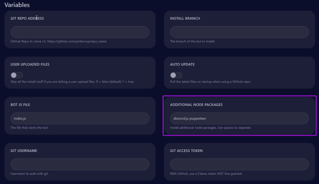 Cybrancee panel NodeJS startup screen, with fields outlined