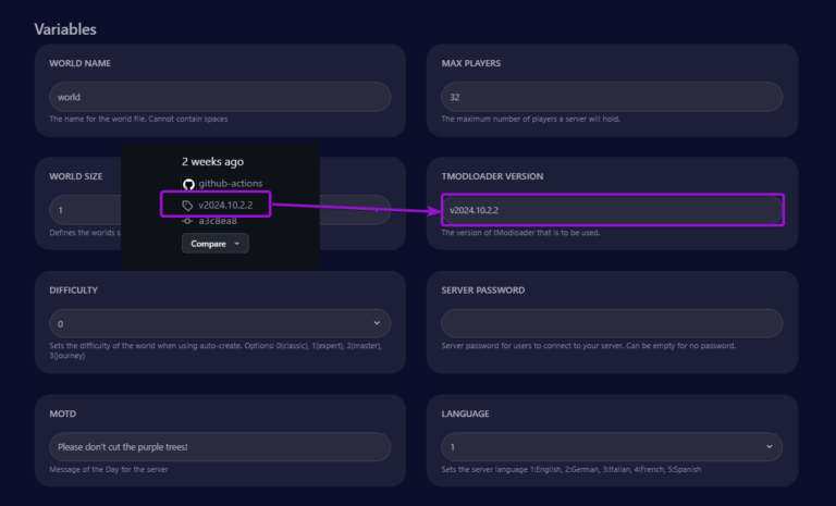 Cybrancee panel startup screen, with tModLoader version outlined