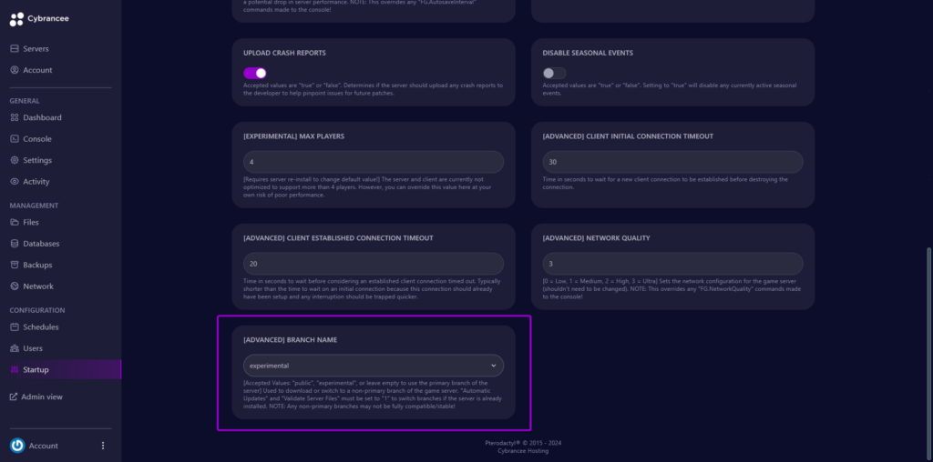 Cybrancee panel startup tab with branch name outlined